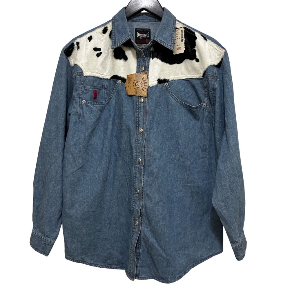 Vintage Dakota Blue Western Denim Shirt NEW Cow Print M Rodeo‎ Cowgirl Country